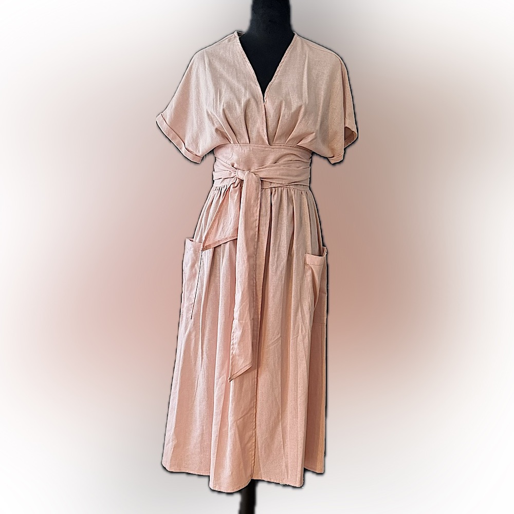 Pink wrap dress XS (labeled small), patch pockets, gauzy summer dress